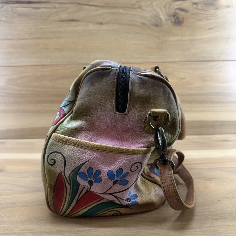 Anuschka Peacock Pattern Large Leather Satchel Hand Painted Zip Crossbody